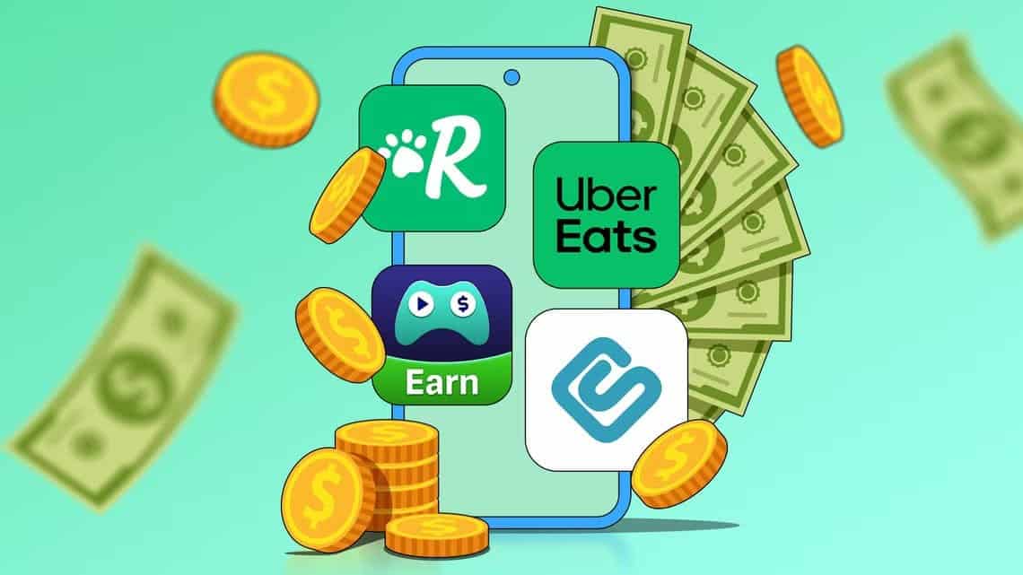 illustration-of-a-smartphone-displaying-side-hustle-apps-surrounded-by-flying-dollar-bills-and-gold-coins تطبيقات Android أثبتت فعاليتها في كسب المال بدون رأس مال