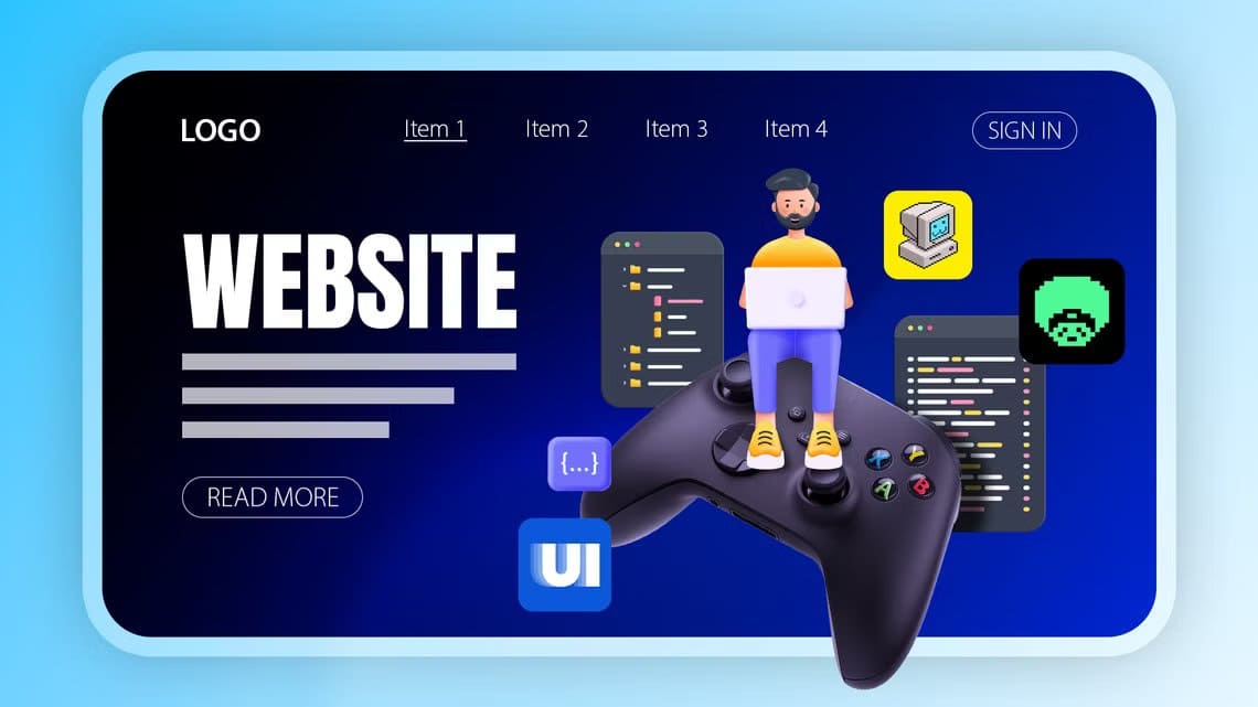 illustration-of-a-website-interface-featuring-a-character-sitting-on-a-video-game-controller-using-a-laptop-with-various-programming-related-elements-around ألعاب ستجعلك تتقن تصميم مواقع الويب بسهولة