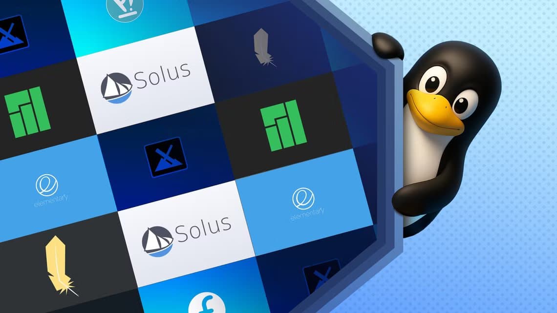 illustration-of-the-linux-mascot-peeking-out-from-behind-a-panel-showing-different-linux-distribution-logos أسهل توزيعات Linux مناسبة للمبتدئين