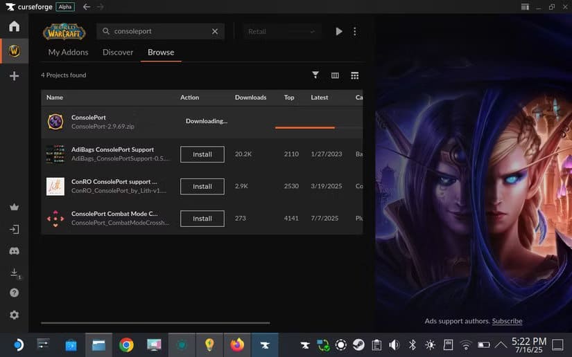 installing-consoleport-with-curseforge طريقة تشغيل World of Warcraft على Steam Deck بدون مشاكل