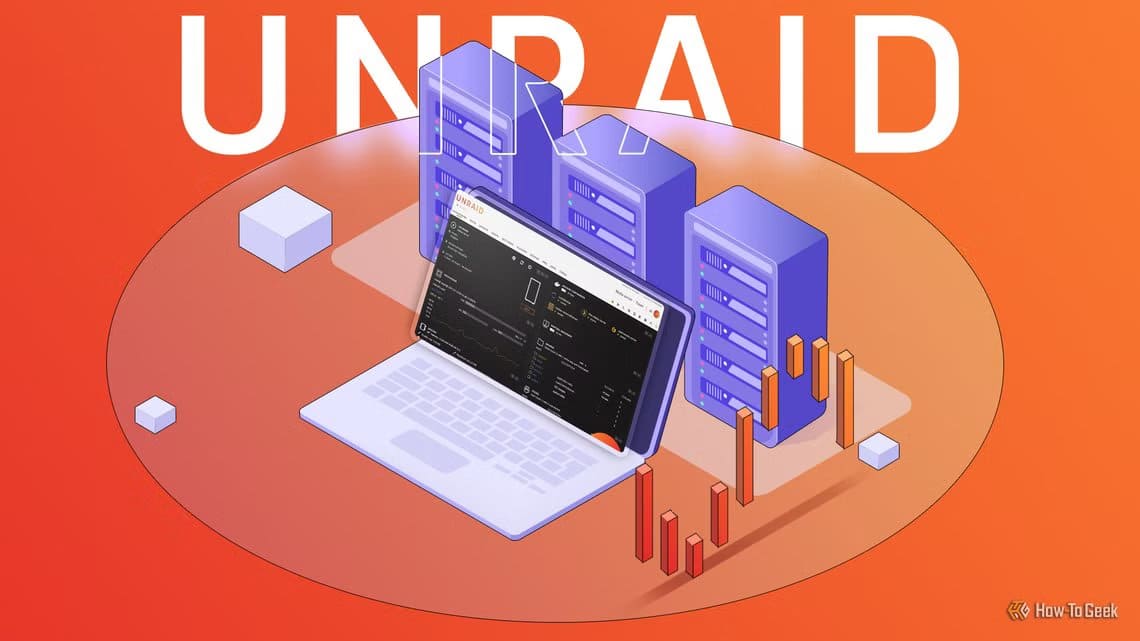 isometric-illustration-of-a-laptop-displaying-the-unraid-dashboard-in-front-of-several-server-towers-with-graphs-and-data-bars-surrounding-the-scene هل Unraid الخيار الأفضل لتشغيل وحدة تخزين Homelab مقارنة بالأنظمة الأخرى