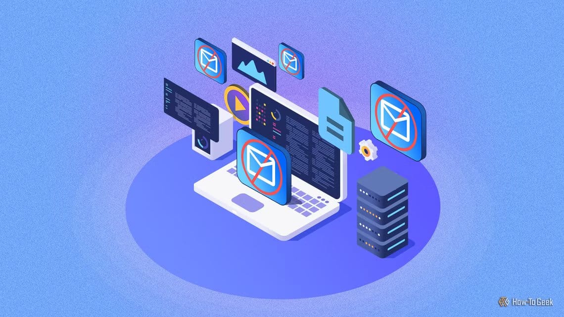 isometric-illustration-of-a-laptop-with-a-server-beside-it-various-icons-around-and-email-icons-crossed-out لماذا لا يجب أن تستضيف بريدك الإلكتروني بنفسك
