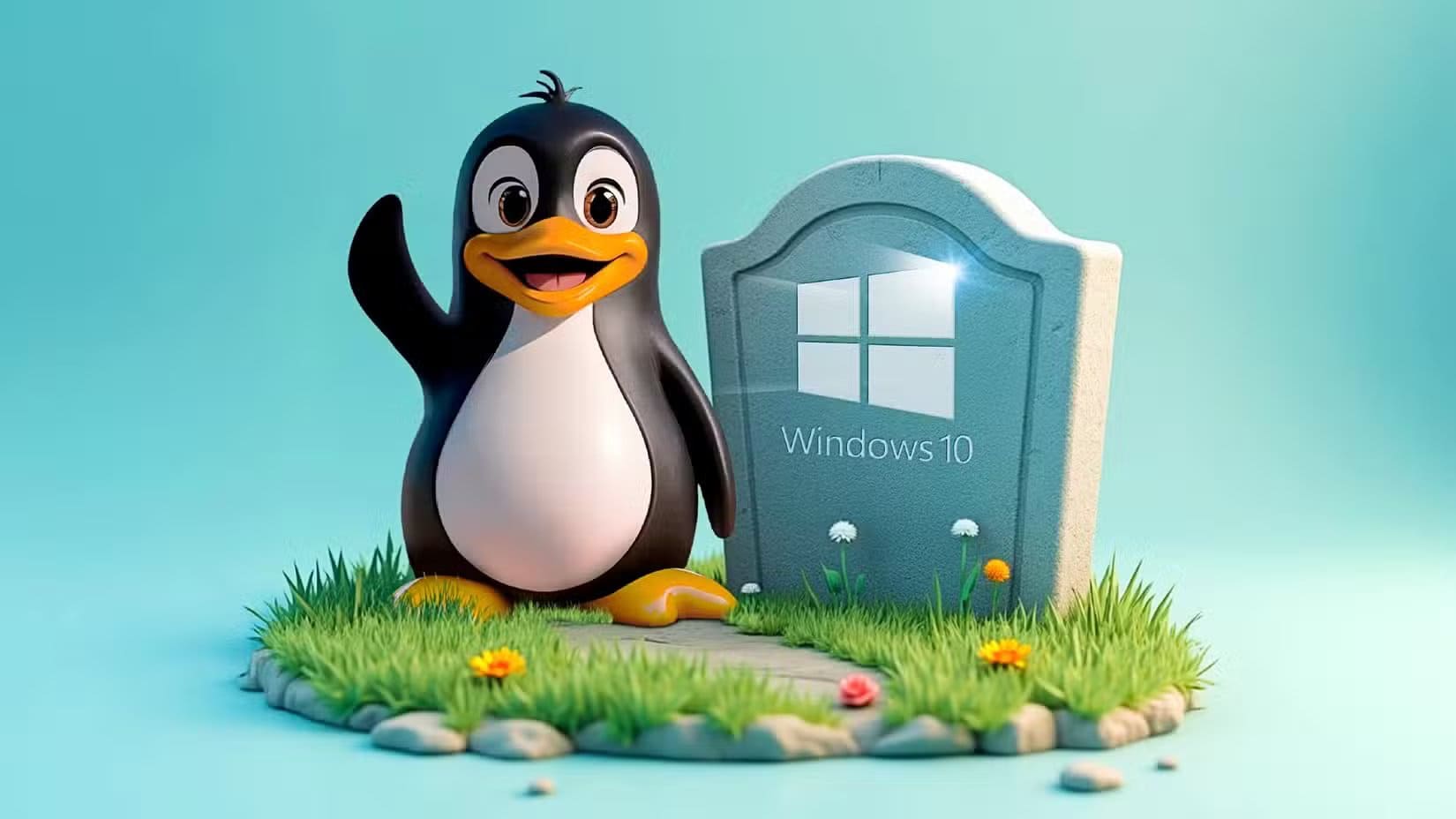linux-mascot-waving-next-to-a-tombstone-with-the-windows-10-logo ماذا تفعل إذا كان جهازك غير متوافق مع Windows 11