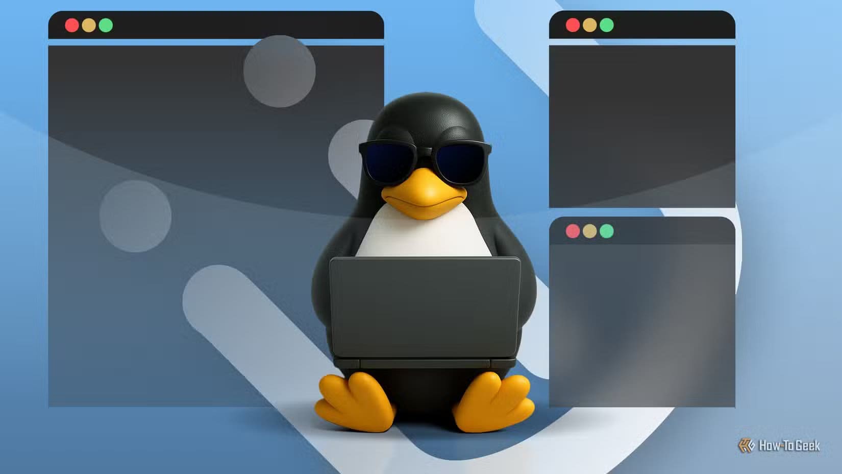 linux-mascot-wearing-sunglasses-and-using-a-laptop-surrounded-by-floating-windows-with-the-i3-window-manager-logo-in-the-background اختياري لنظام Linux كأفضل بيئة لجهاز الكمبيوتر الأول لأطفالي