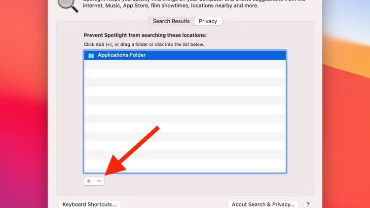 minus-button-in-spotlight-settings-on-macos-big-sur حل مشكلة اختفاء التطبيقات من Spotlight في Mac