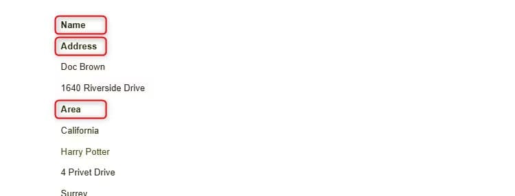 name-address-and-area-are-highlighted-in-a-list-of-text-items-in-google-docs تحويل صورة تحتوي على جدول إلى Google Sheets بسهولة