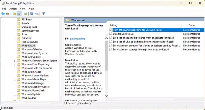 navigating-to-the-windows-ai-settings-in-the-local-group-policy-editor كيف توقف ميزة Recall في Windows وتحمي خصوصيتك