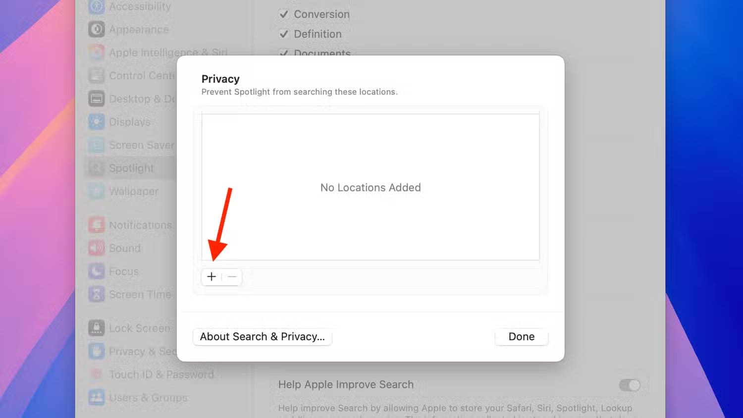plus-icon-for-privacy-settings-in-spotlight-settings-on-mac حل مشكلة اختفاء التطبيقات من Spotlight في Mac