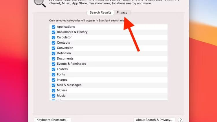 privacy-tab-in-spotlight-settings-on-macos-big-sur حل مشكلة اختفاء التطبيقات من Spotlight في Mac