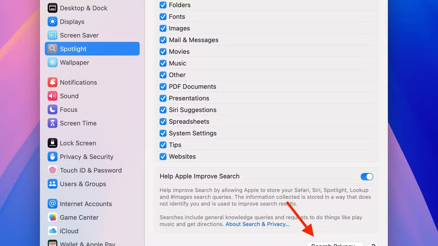 search-privacy-button-in-the-spotlight-settings-on-mac حل مشكلة اختفاء التطبيقات من Spotlight في Mac