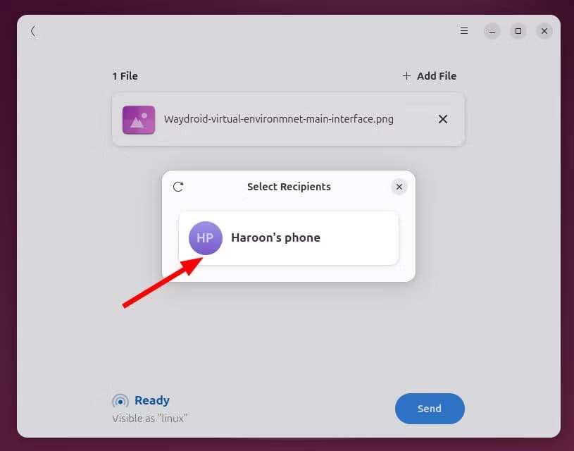 selecting-target-phone-and-sending-files-on-packet-linux طريقة مباشرة لنقل ملفات Android إلى Linux دون استخدام كابلات