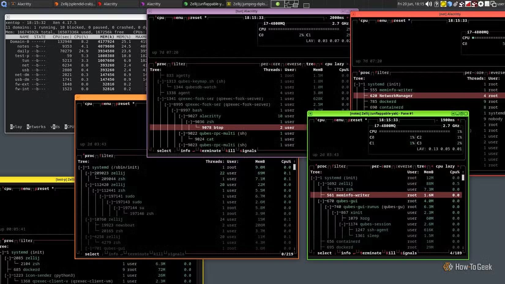 several-terminal-windows-displaying-system-resource-monitors-are-open-on-a-qubes-desktop-these-windows-illustrate-the-duplication-of-processes-within-multiple-virtual-machines لماذا قد تكون Qubes Linux خيارًا غير مناسب لك