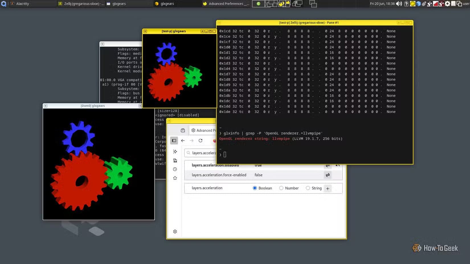 several-windows-are-open-on-a-qubes-desktop-related-to-graphics-some-windows-display-glxgears-and-others-display-graphics-information لماذا قد تكون Qubes Linux خيارًا غير مناسب لك