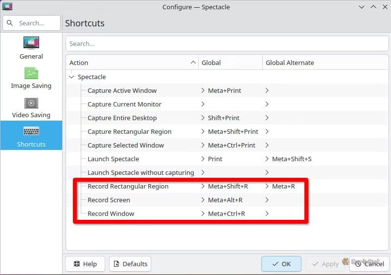 shortcut-configuration-for-spectacle-with-a-red-rectangle-around-the-screen-recording-options أداة مفتوحة المصدر تتيح تسجيل شاشة Linux بالصوت دون تعقيد