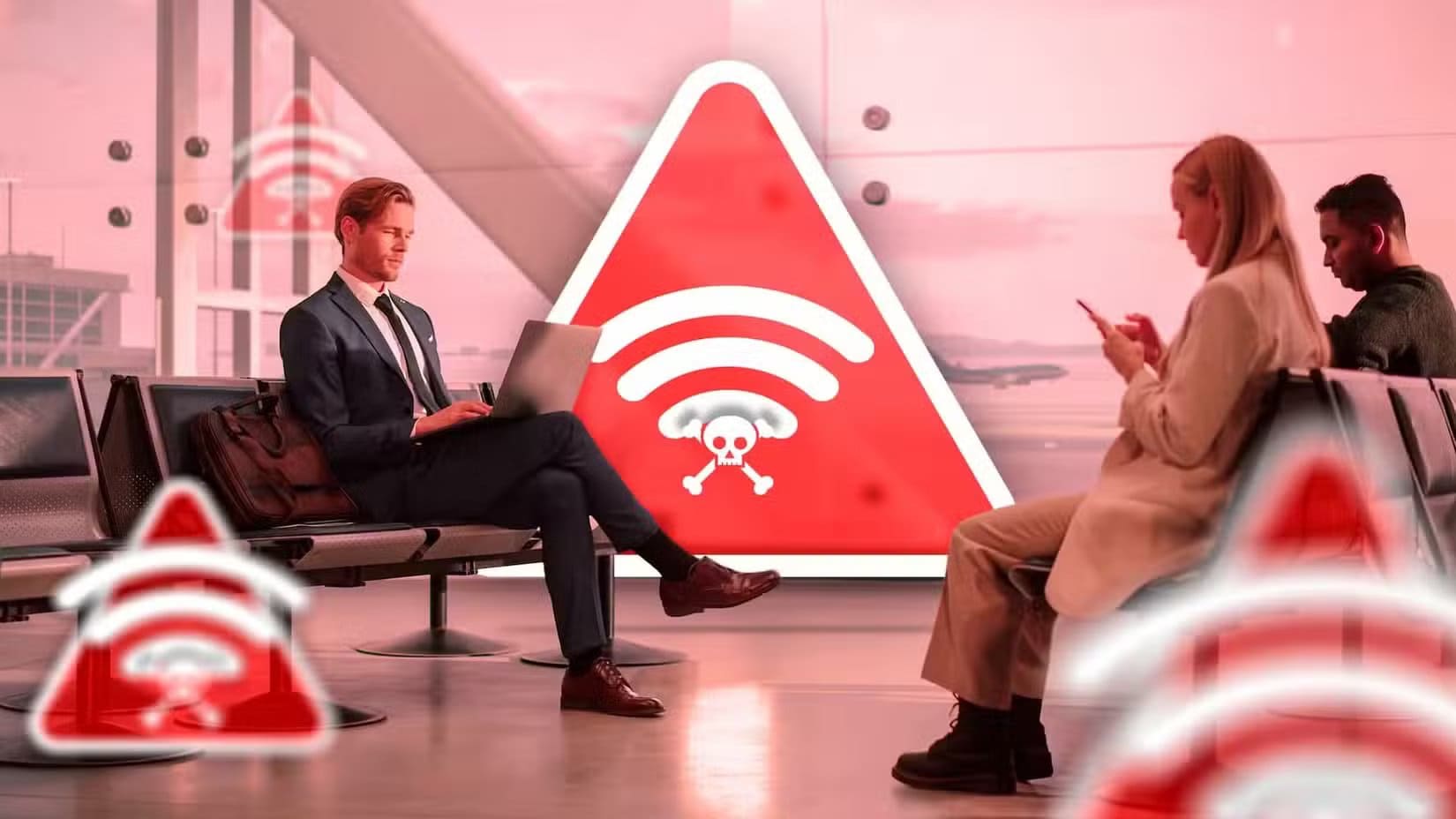 some-people-in-an-airport-using-wi-fi-with-several-icons-representing-contaminated-wi-fi سلوكيات يومية تضعف أمان هاتفك Android بشكل كبير