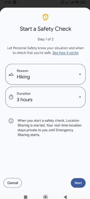 start-a-safety-check-option-in-the-personal-safety-app إعدادات طوارئ يجب تفعيلها فورًا على كل هاتف Android لحمايتك في المواقف الخطيرة