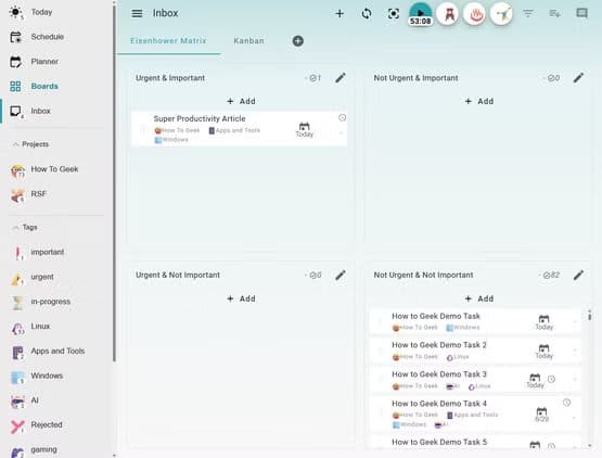 super-productivity-boards-eisenhower-matrix-view بديل مجاني مفتوح المصدر يغنيك عن تطبيقات الإنتاجية المدفوعة