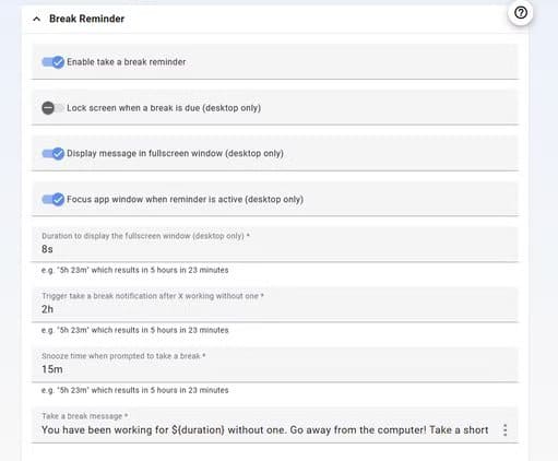 super-productivity-break-reminder-settings-1 بديل مجاني مفتوح المصدر يغنيك عن تطبيقات الإنتاجية المدفوعة