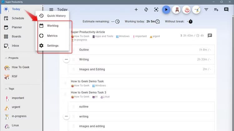 super-productivity-context-menu-for-the-today-board-1 بديل مجاني مفتوح المصدر يغنيك عن تطبيقات الإنتاجية المدفوعة