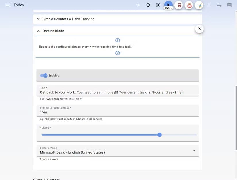 super-productivity-domina-mode-settings بديل مجاني مفتوح المصدر يغنيك عن تطبيقات الإنتاجية المدفوعة