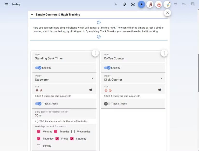 super-productivity-simple-counters-and-habit-tracking-settings بديل مجاني مفتوح المصدر يغنيك عن تطبيقات الإنتاجية المدفوعة