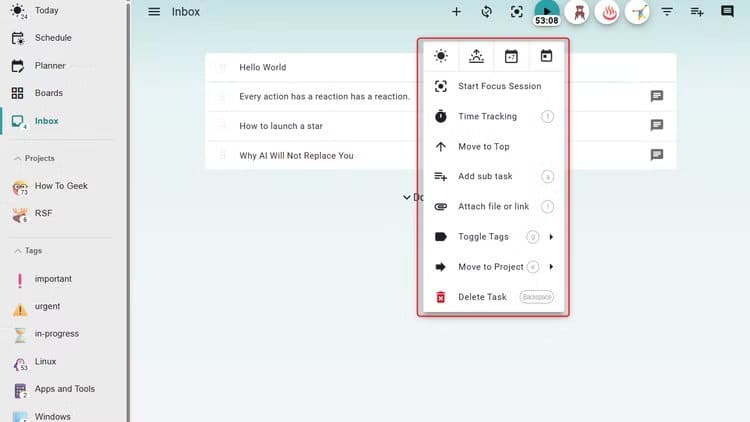 super-productivity-task-right-click-context-menu بديل مجاني مفتوح المصدر يغنيك عن تطبيقات الإنتاجية المدفوعة