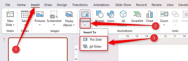 the-cameo-button-in-powerpoint-is-selected-with-the-option-to-insert-the-camera-on-the-active-slide-only-or-all-slides-on-display طرق تجعل عرضك التقديمي في PowerPoint يبدو احترافيًا دون خبرة في التصميم