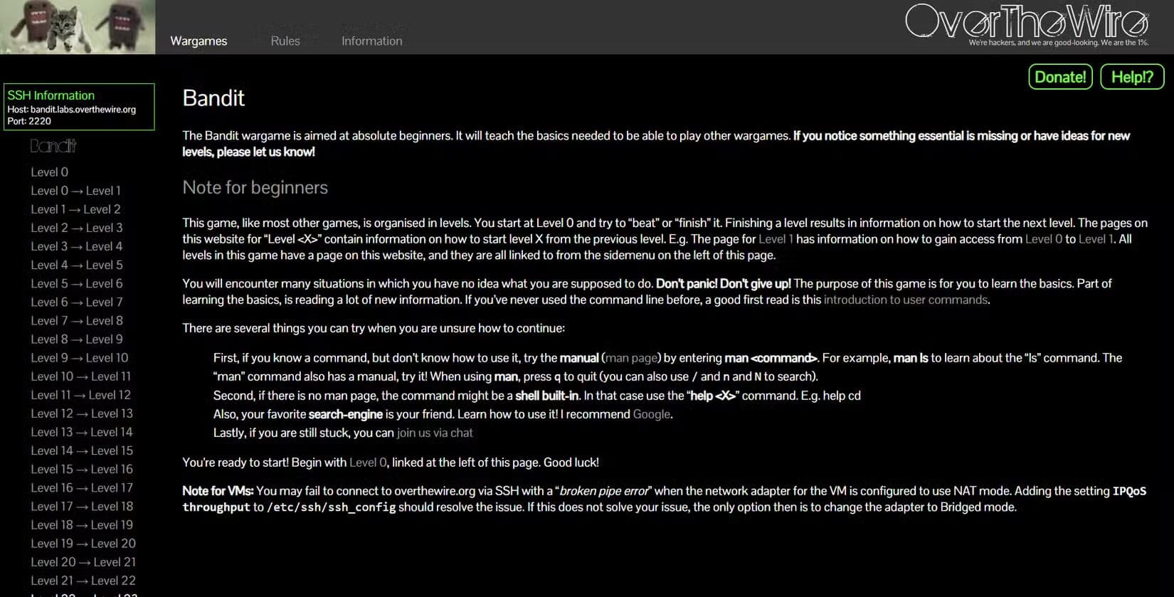 the-homepage-of-overthewire-bandit-wargame أفضل لعبة تفاعلية لتعلم أوامر Linux الأساسية بسرعة
