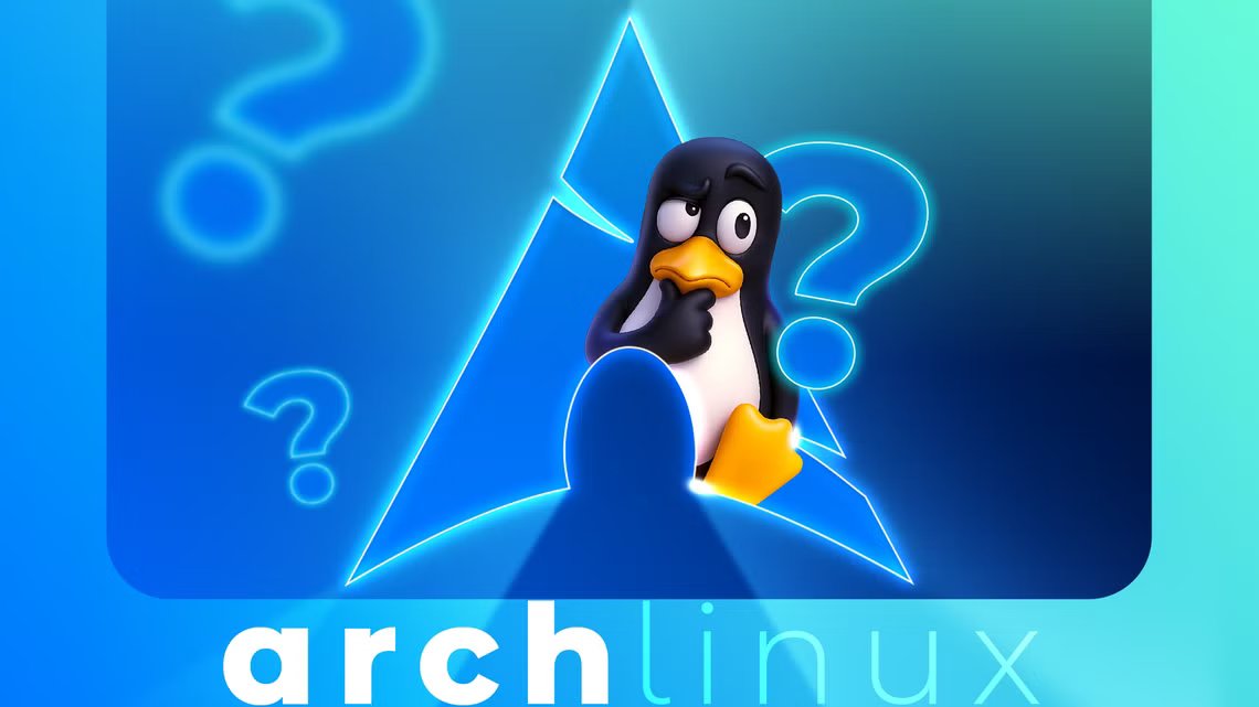 the-linux-mascot-with-a-puzzled-expression-and-one-flipper-on-his-chin-stands-in-front-of-a-glowing-arch-linux-logo-surrounded-by-neon-question-marks-on-a-blue-gradient-background إذا بدأت تلاحظ هذه العلامات فأنت مستعد تمامًا لاستخدام Arch Linux