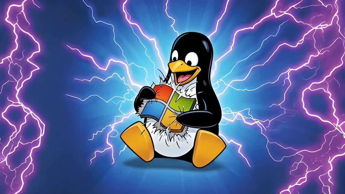 the-linux-penguin-beating-down-a-windows-logo-as-electricity-rages-around-to-show-the-penguin-s-dominance ماذا تفعل إذا كان جهازك غير متوافق مع Windows 11