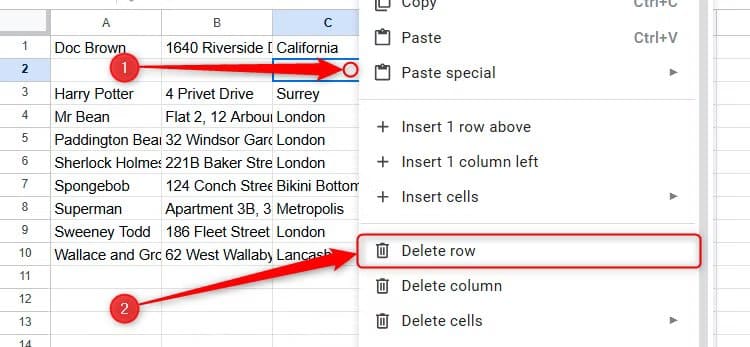 the-right-click-menu-is-expanded-in-a-cell-in-google-sheets-and-delete-row-is-selected-from-the-options تحويل صورة تحتوي على جدول إلى Google Sheets بسهولة