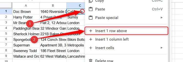 the-right-click-menu-is-expanded-in-a-cell-in-google-sheets-and-insert-1-row-above-is-selected-from-the-options تحويل صورة تحتوي على جدول إلى Google Sheets بسهولة