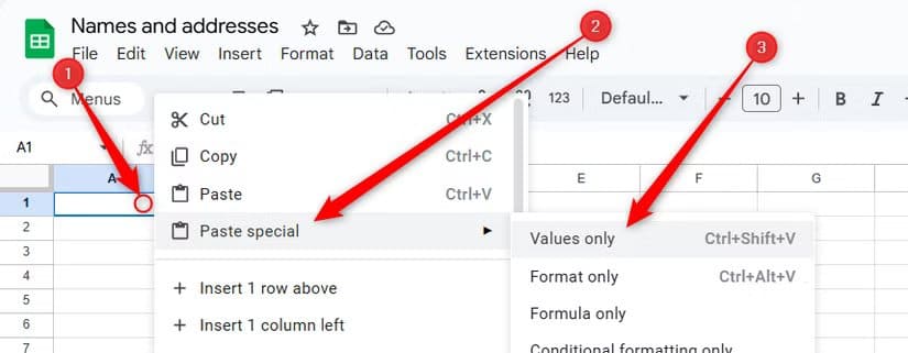 the-right-click-menu-is-expanded-in-a-cell-in-google-sheets-and-values-only-is-selected-from-the-paste-special-menu تحويل صورة تحتوي على جدول إلى Google Sheets بسهولة