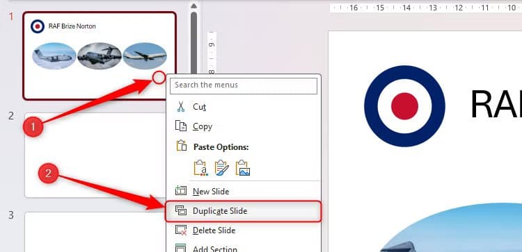 the-right-click-menu-on-a-slide-thumbnail-in-powerpoint-is-expanded-and-duplicate-slide-is-selected طرق تجعل عرضك التقديمي في PowerPoint يبدو احترافيًا دون خبرة في التصميم