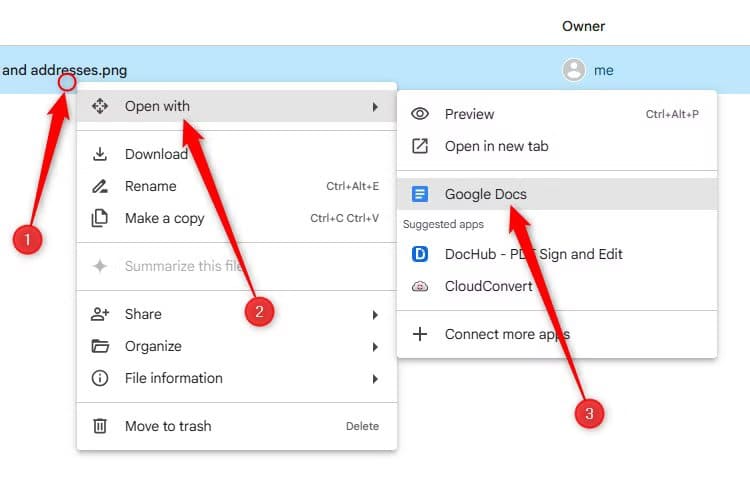 the-right-click-menu-on-an-image-file-in-google-drive-is-expanded-and-the-option-to-open-it-in-google-docs-is-selected تحويل صورة تحتوي على جدول إلى Google Sheets بسهولة