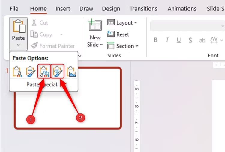 the-two-icons-in-the-paste-drop-down-menu-in-powerpoint-that-create-a-link-between-the-pasted-item-and-its-source طرق تجعل عرضك التقديمي في PowerPoint يبدو احترافيًا دون خبرة في التصميم