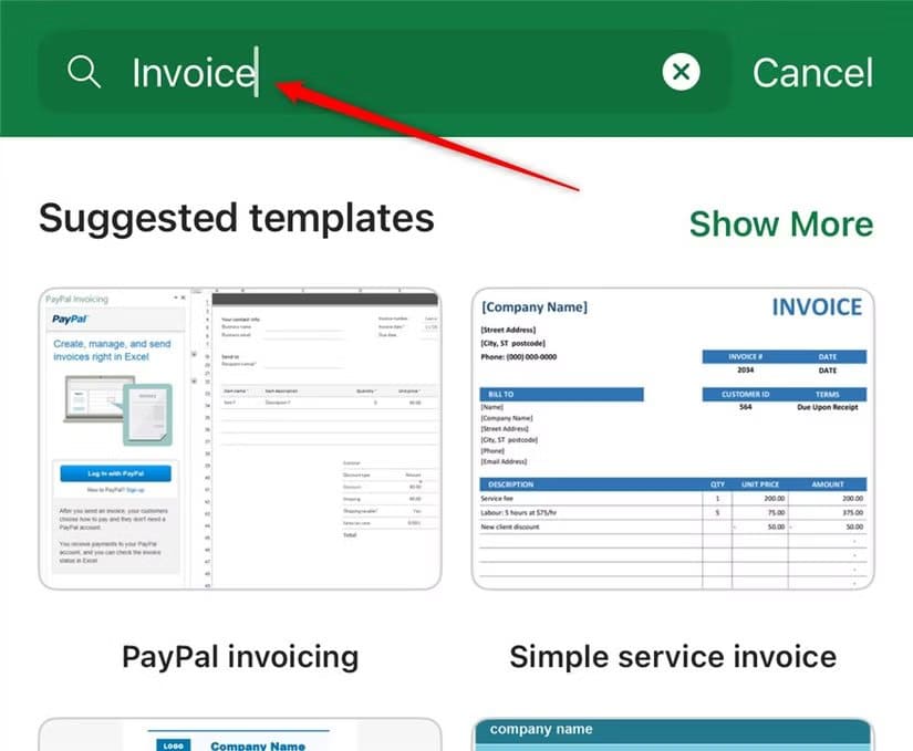 the-word-invoice-is-typed-into-the-excel-ios-search-bar-to-search-for-invoice-templates ميزات رائعة في Excel ستغير طريقة عملك هذا الشهر