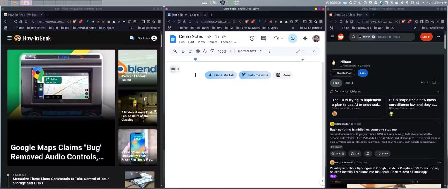three-browser-windows-tiled-on-kde-plasma-into-three-zones ميزات في KDE Plasma تعزز إنتاجيتك وتمنحك تحكمًا أوسع في Linux