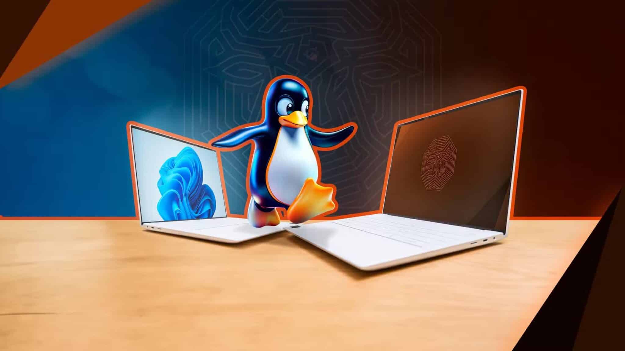 tux-jumping-from-a-windows-laptop-to-an-ubuntu-cinnamon-laptop-scaled تجربة استخدام مختلفة تجعل Ubuntu خيارًا لا يمكن تجاهله