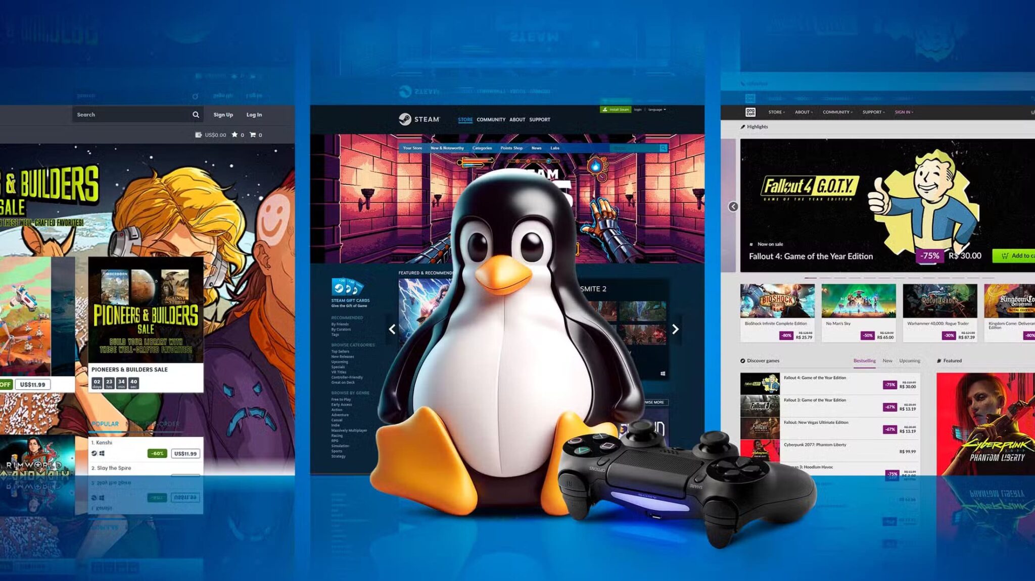 tux-the-linux-mascot-with-a-gamepad-on-the-right-side-and-some-screens-in-the-background-scaled تحسن تجربة الألعاب على Linux يدفع الكثيرين لإعادة التفكير في Windows