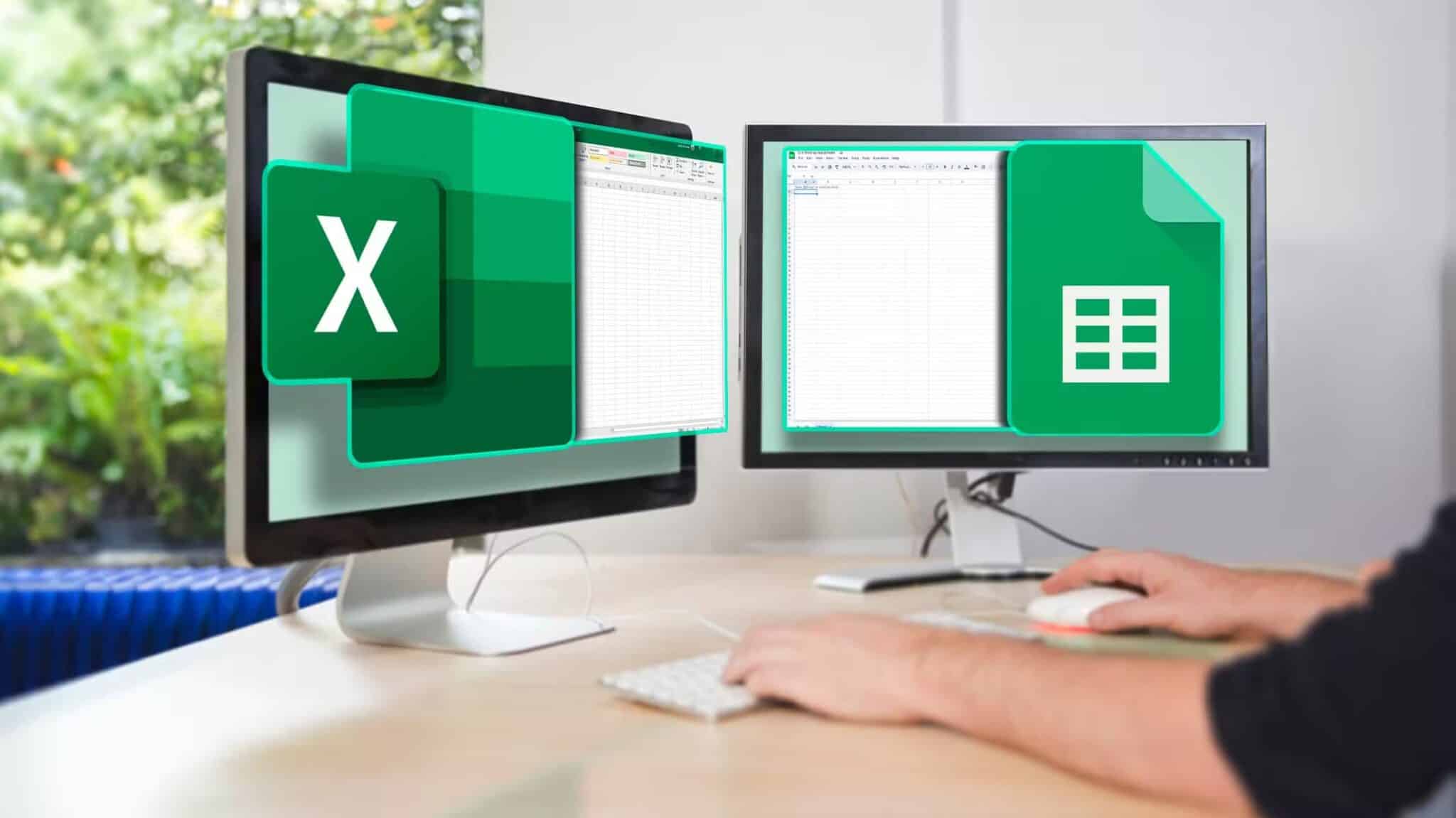 two-computer-monitors-the-one-on-the-left-displaying-excel-and-the-one-on-the-right-displaying-google-sheets-scaled متى يكون Google Sheets أفضل من Microsoft Excel