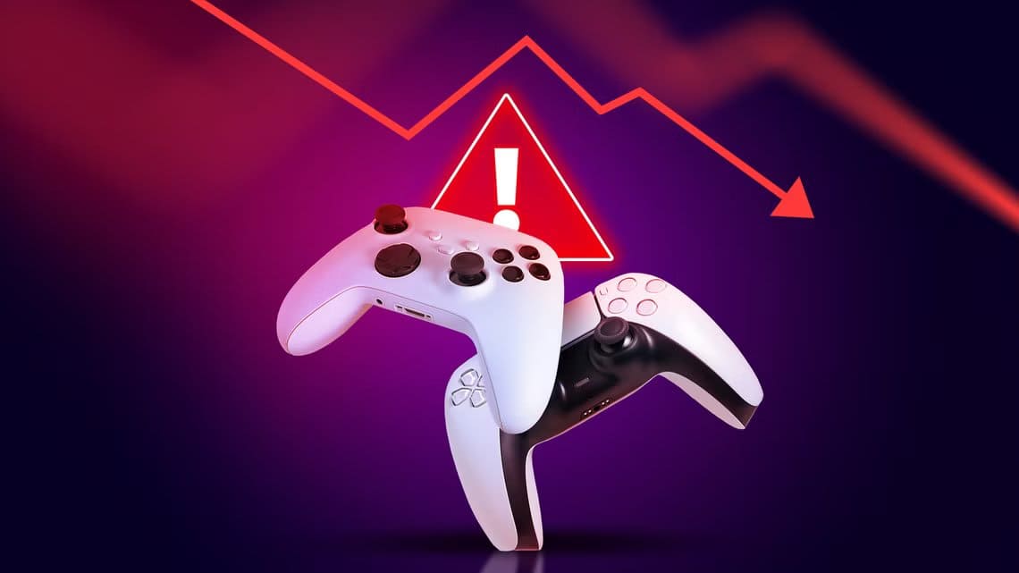 two-video-game-controllers-appear-in-front-of-a-red-warning-symbol-and-a-downward-graph لماذا تثير ألعاب الفيديو الحديثة مخاوف متزايدة لدى المستخدمين
