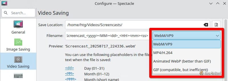 video-file-format-options-in-spectacle أداة مفتوحة المصدر تتيح تسجيل شاشة Linux بالصوت دون تعقيد