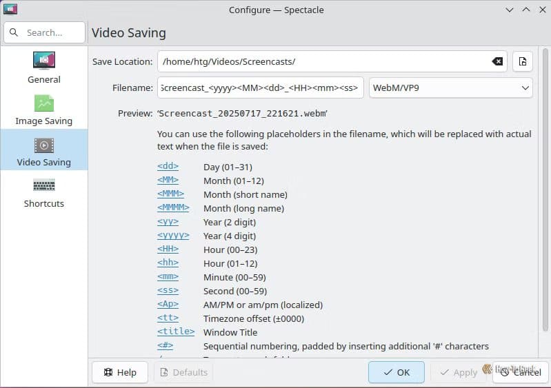 video-saving-configuration-options-in-spectacle أداة مفتوحة المصدر تتيح تسجيل شاشة Linux بالصوت دون تعقيد