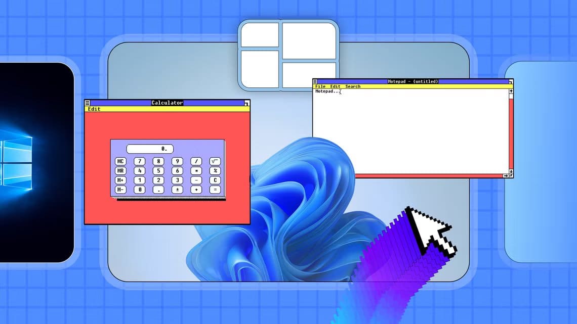 windows-1-0-calculator-and-notepad-windows-overlaid-on-a-windows-11-background-with-a-large-pixelated-mouse-cursor-and-a-colorful-motion-trail أشياء ما زالت موجودة في Windows 11 منذ النسخة الأولى