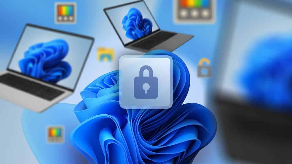 windows-11-wallpaper-with-some-laptops-around-and-a-padlock-icon-in-the-center تطبيقات Windows المدفوعة التي تستحق كل قرش تدفعه