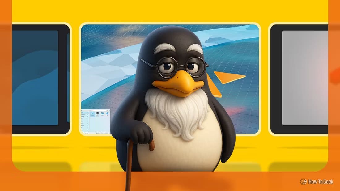 3d-illustration-of-tux-the-linux-penguin-mascot-depicted-as-an-elderly-figure-with-a-white-beard-glasses-and-a-cane-standing-in-front-of-a-display-showcasing-some-linux-distros أشهر توزيعات لينكس القديمة التي ما زالت تحافظ على وجودها حتى اليوم