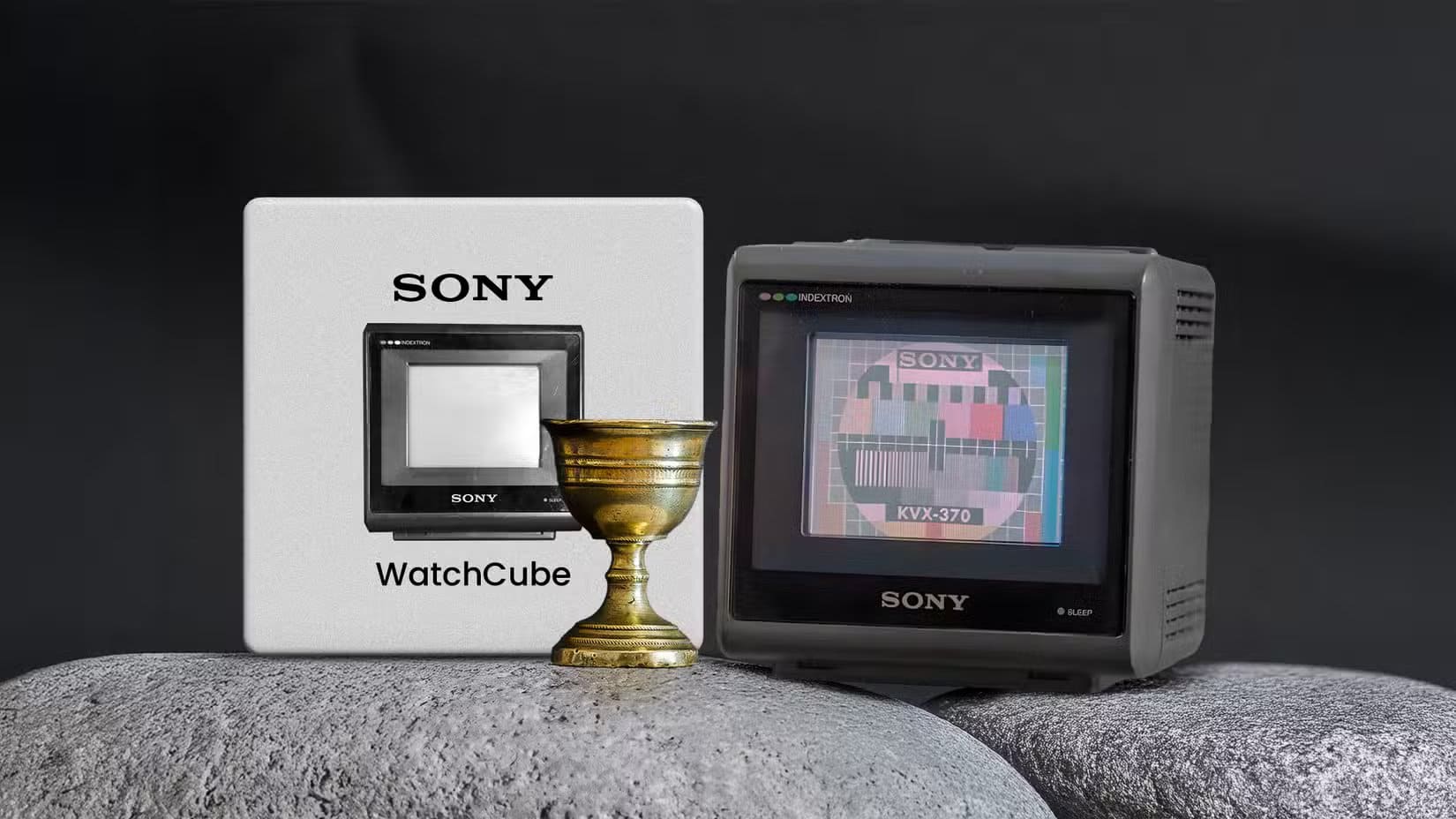 a-chalice-on-a-stone-with-a-sony-watchcube-kvx-370-next-to-it تقنية مبتكرة تحول شاشات CRT بالأبيض والأسود إلى ألوان كاملة