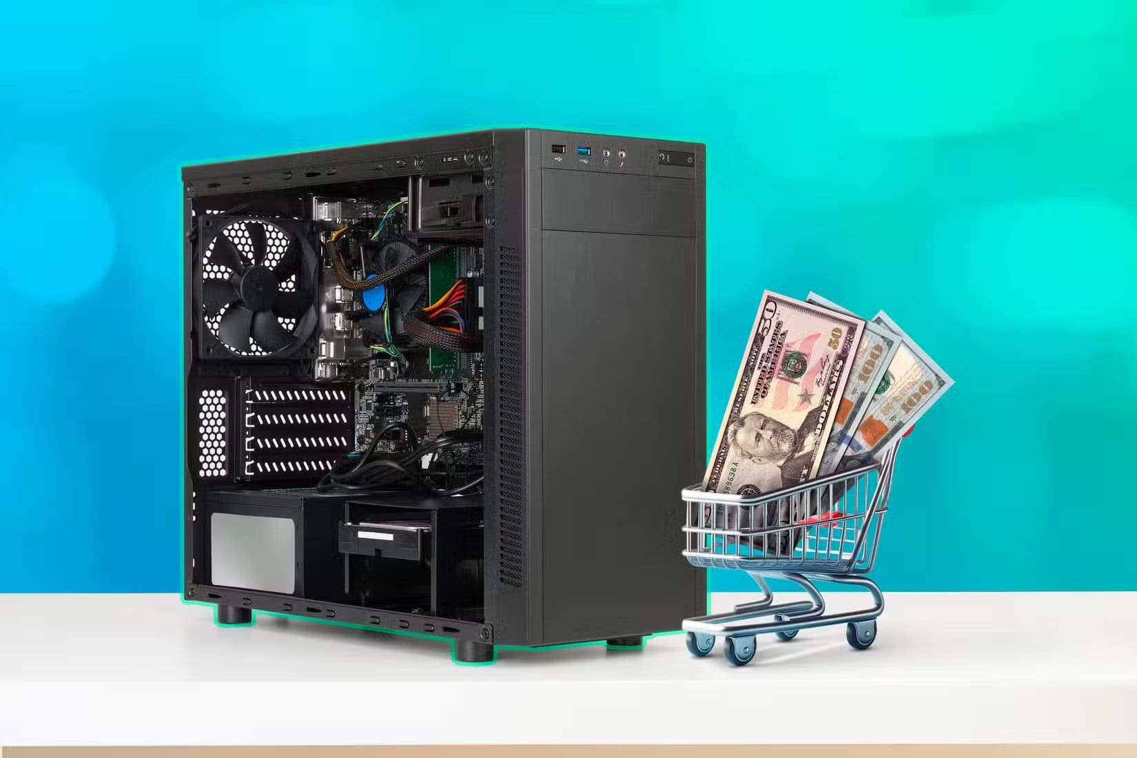 a-computer-case-and-a-miniature-shopping-cart-with-some-dollar-bills خرافات شائعة عن Windows تضعف أداء حاسوبك وكيف تتجنبها