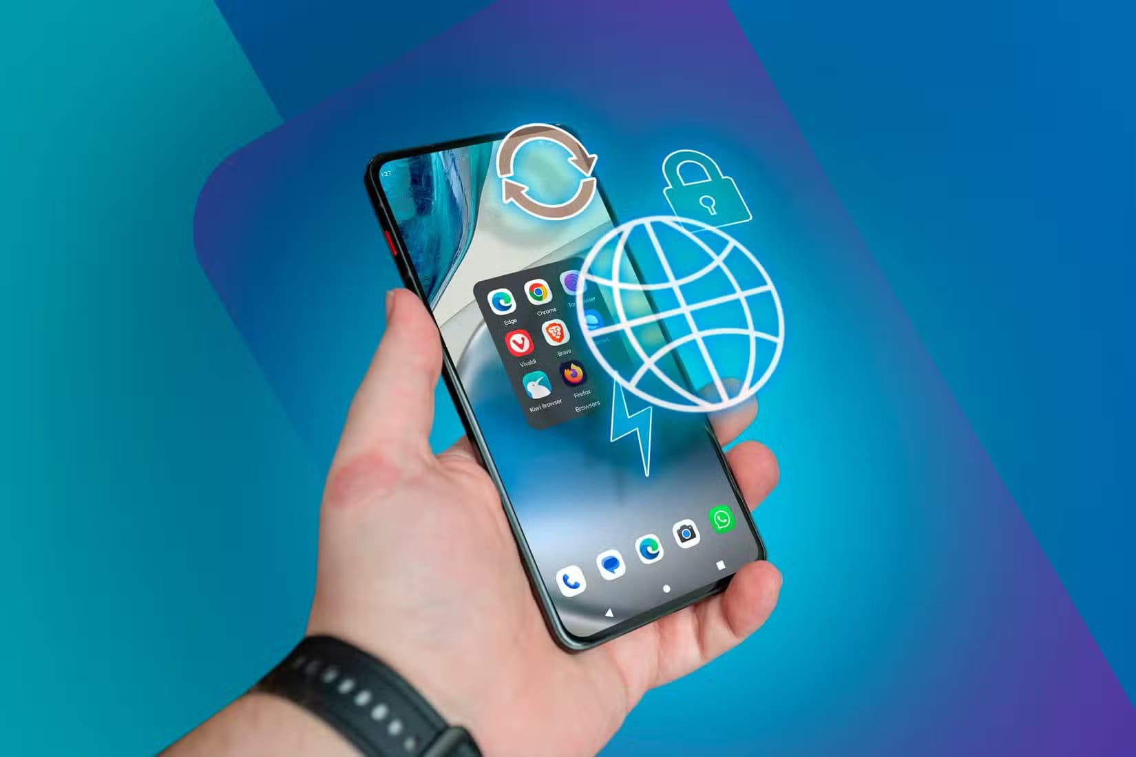 a-hand-holding-a-smartphone-displaying-several-web-browsers-on-the-screen-with-icons-illustrating-internet-speed-and-security لماذا أصبحت تجربة تصفح الإنترنت أسوأ رغم التطور التقني